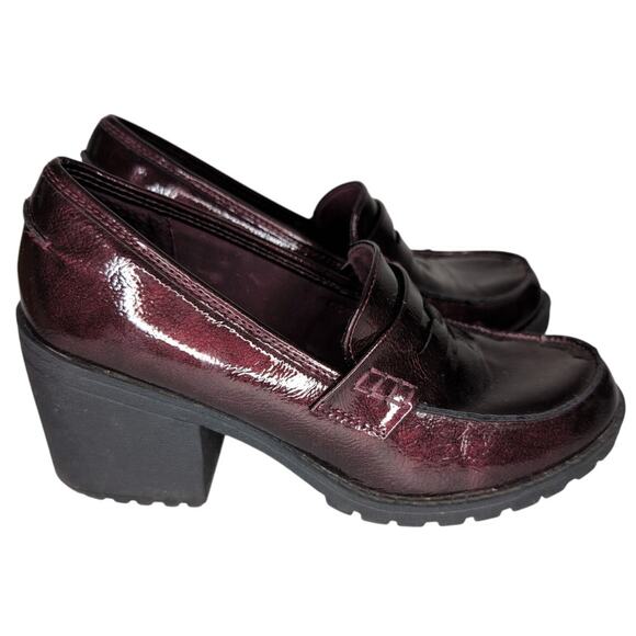 Y2K Chunky Y2K Platform Loafer Women 8.5 Burgundy Patent Heeled Grunge Goth Prep - Picture 1 of 8